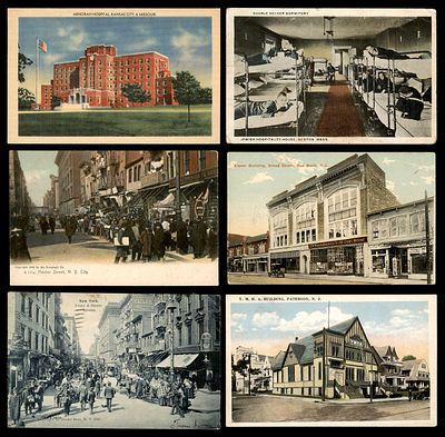 שש גלויות עתיקות המציגות אתרים יהודים בעולם מבנים וסצנות רחוב שונות בארצות הברית. בית החולים 