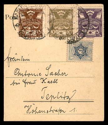 חצי גלויה שנשלחה מן הקונגרס הציוני בקרלובי וארי 1921 , עם בולים מצ'כוסלובקיה + בול ציון של הקרן 