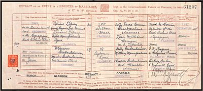 תמצית של רישום נישואין משנת 1947 בגלאזגו, סקוטלנד, המפרטת את פרטי החתן, הכלה, הוריהם, עדים והרב 