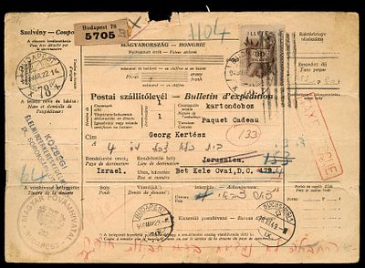 שטר מטען דואר (Bulletin d'exp&eacute;dition) הונגרי המתעד משלוח חבילה לישראל , קבלה על משלוח חבילה 