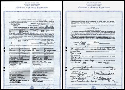 תעודת נישואין רשמית של העיר ניו יורק משנת 1953. כוללת את פרטי החתן, הכלה, הרב שערך את הטקס 