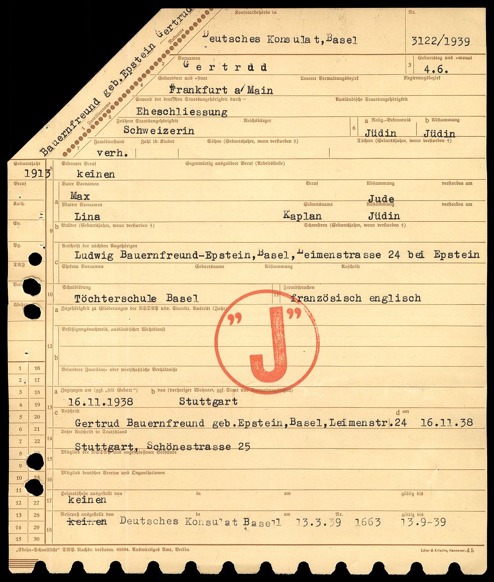 שאלון טופס J ליהודים של הקונסוליה הנאצית בבאזל שוויץ , טופס בקשה לוויזה גרמנית משנת 1939 עבור 