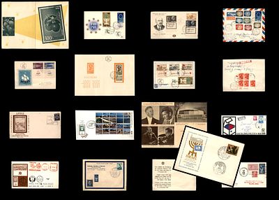 11 דברי דואר בולאות מראשית המדינה. בולים מעטפות , פולדרים . מעטפות אירוע שונות