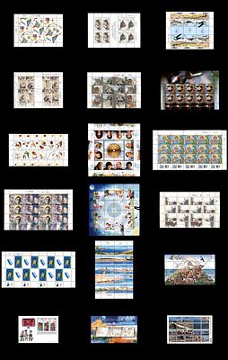 לוט 18 גיליונות בולי ישראל בערך נקוב כ-220 ש"ח נומינל . ISRAELI STAMPS MNH MINI SHEETS 1986-2011