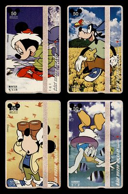 4 כרטיסי חיוג של דיסני עונות השנה . דמי בלי שרשור. ובלי ריבוע. חברת בזק Disney 50 Units מכילים 