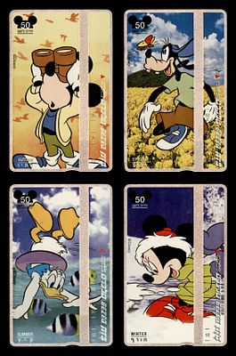 4 טלכרט כרטיסי חיוג של חברת בזק מסדרת דיסני עונות השנה . דמי עם שרשור. עם ריבוע , נדירים . . חברת 