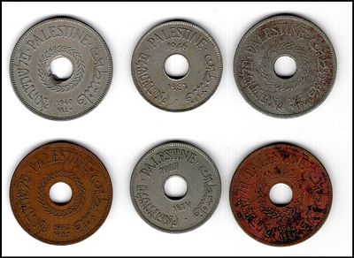 ממשלת פלשתינה (א"י) לוט 6 מטבעות מנדט 20 מיל 4 יח' + 10 מיל 2 יח' מהשנים 1927-1946 . מטבעות 