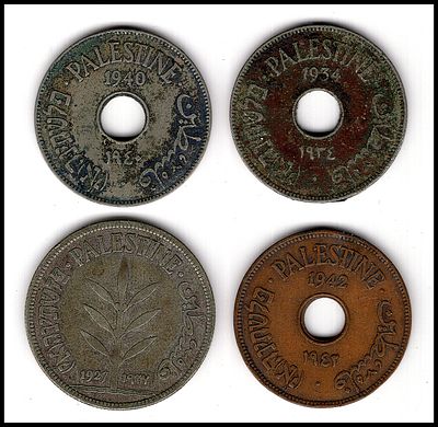 ממשלת פלשתינה (א"י) לוט 4 מטבעות מנדט כולל: 100 מיל 1927 שחוק סביר + 10 מיל 3 יח' מהשנים 