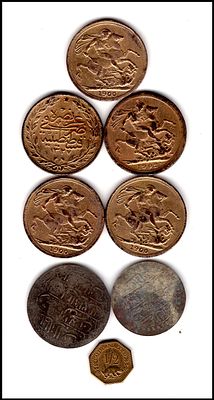 לוט 6 מטבעות רפליקות של מטבעות זהב בסגנון סוברנים. עות'מני. אמריקאי + זוג מטבעות עות'מניים שהיו 