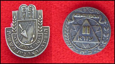 2 סיכות סמלים היסטוריים של " הועידה הארצית הששית פועלי אגודת ישראל ". סמל סיכה 25 שנים לתנועת 