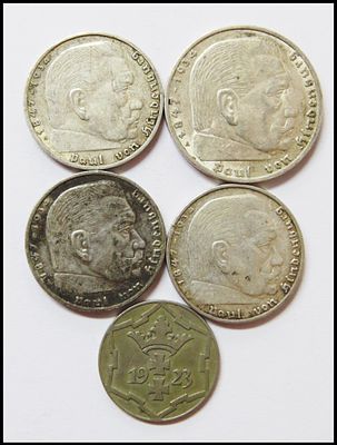 משקל 40 גרם כסף כולל מטבע טוקן דנציג 10 פפניג, 1923 , מטבעות 2 ו-5 רייכסמארק (Reichsmark) 