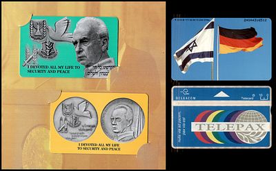 שלושה כרטיסי חיוג טלכרטים בנושא יצחק רבין 
פולדר עם 2 כרטיסים + 2 כרטיסים נוספים טלפקס + ישראל 