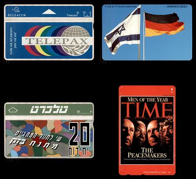 4 כרטיסי חיוג בינלאומיים , עושי השלום TIME , יצחק רבין , שי לחיילים BEZEQ , טלכרטים טלכרט טלכרד