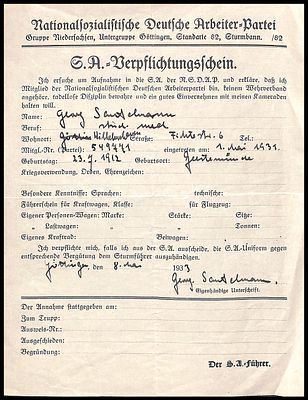 1933 מפלגת הפועלים הגרמנית הנאצית מסמך הצטרפות ל.S.A , ".... אני מבקש להתקבל ל-SA של ה-NSDAP 