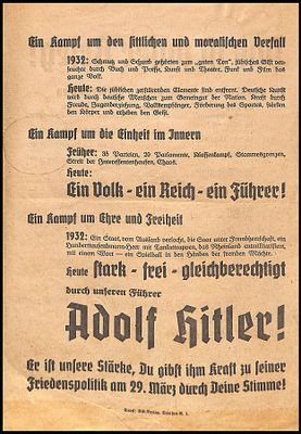 כרזת תעמולה נאצית היסטורית משנת 1936, המציגה את הישגי המפלגה הנאצית מאז עלייתה לשלטון ב-1933. 