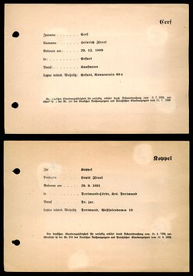 2 מסמכי ביטול אזרחות גרמנית ליהודים , היינריך ישראל שרף ולואיס ישראל קופל, שנושלו מאזרחותם 