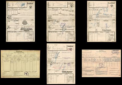 שישה טפסים גרמניה הנאצית כולל : טופס רישום למגורים בגרמניה הנאצית משנת 1943, שטר מטען גרמני 