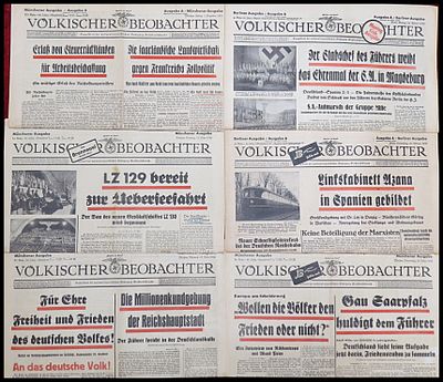 6 עיתוני Volkischer Beobachter ביטאונה של המפלגה הנאצית בגרמניה כותרות מדהימות חשובות לשימור 