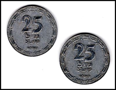 2 מטבעות 25 מיל תש"ט 1949 , המטבע הראשון של מדינת ישראל. מצב טוב מאוד VF +
המטבעות הונפקו בשנת 