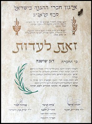 סמל ההגנה + תעודה משנת 1996 תעודת הוקרה מטעם ארגון חברי ההגנה בישראל, סניף תל אביב, המוענקת 