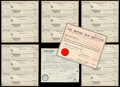 7 מסמכים כולל חתימה של הרב זאב אריה רבינר 1937 , תעודת חברות של המכון הבריטי לקולנוע (BFI) משנת 