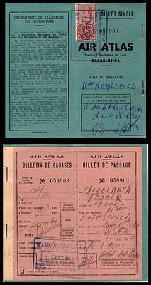 כרטיס טיסה וכבודה היסטורי של חברת התעופה "אייר אטלס" (Air Atlas) משנת 1949. הוא כולל את פרטי 