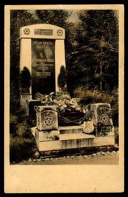 גלויה קברו של בנימין זאב הרצל ואביו יעקב בבית הקברות דבלינג בווינה, אוסטריה. לאספני הרצל 