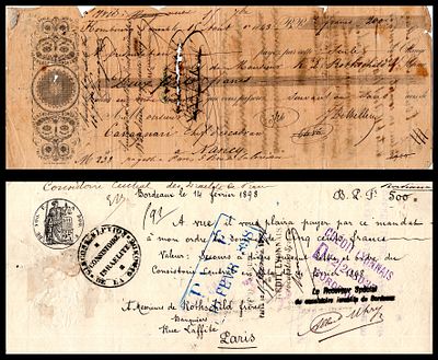 צ'קים המחאות שני שקים היסטוריים הקשורים למשפחת רוטשילד:
שק משנת 1843 חתום על ידי ק. י. רוטשילד 