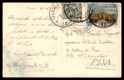 בול קק"ל משנת 1915 על גלויה כתובה בכתב יד מויארג'יו משנת 1917, הנשלחה לג'וליה לוצאטו בפיזה 