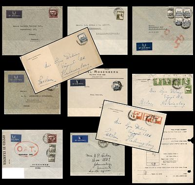 11 דברי דואר בולאות מתקופת המנדט הבריטי . מעטפות וגלויות מבויילות עם בולי מנדט - שונות כפי 