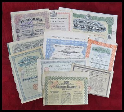 10 תעודות מניה אגרות חוב מן העולם , אספנות (Scripophily) , חברות וארגונים פיננסיים . Shares 