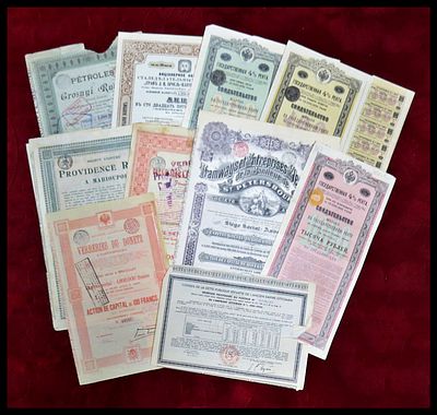 10 תעודות מניה אגרות חוב מן העולם , אספנות (Scripophily) , חברות וארגונים פיננסיים . Shares 