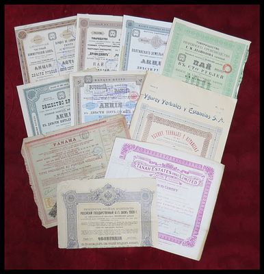 10 תעודות מניה אגרות חוב מן העולם , אספנות (Scripophily) , חברות וארגונים פיננסיים . Shares 