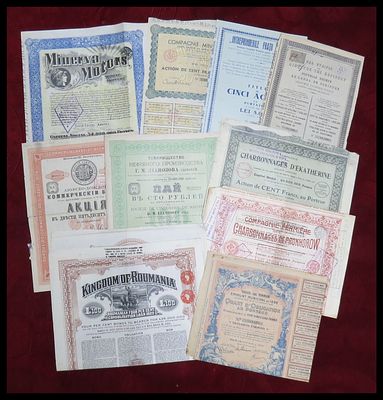 10 תעודות מניה אגרות חוב מן העולם , אספנות (Scripophily) , חברות וארגונים פיננסיים . Shares 