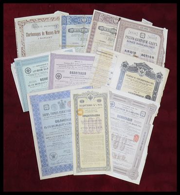 10 תעודות מניה אגרות חוב מן העולם , אספנות (Scripophily) , חברות וארגונים פיננסיים . Shares 