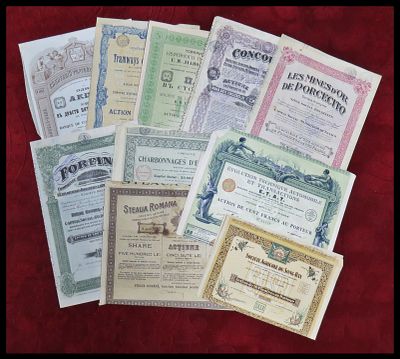 10 תעודות מניה אגרות חוב מן העולם , אספנות (Scripophily) , חברות וארגונים פיננסיים . Shares 