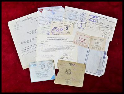 מקבץ ניירת מסמכים כולל : 2 מכתבים של חיילי בריגדה יהודית - לפלשתינה א"י , מסמך רכבת פלשתינה 