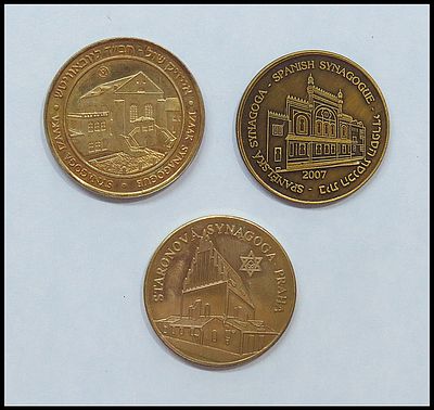 3 gilded commemorative medals/tokens of Prague (Czech Republic) synagogues: 1. Isaac Synagogue 