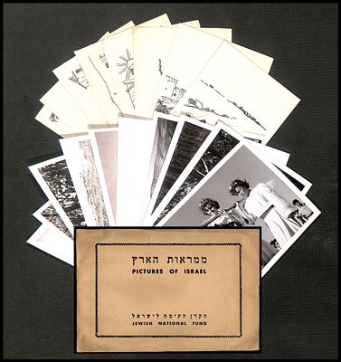 תיק קק"ל 'Pictures of Israel / ממראות הארץ', 9 תצלומי כסף ו-9 ציורי קו, 1940-1950 בקירוב. תיק 