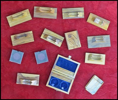 Lot of olive wood display cases for coins and medals, Israeli handcraft. Lot of olive wood 