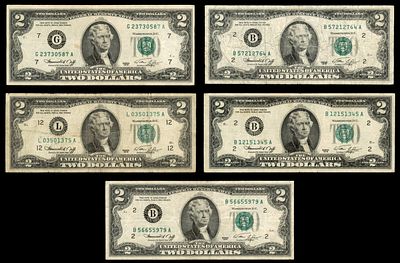 Lot of 5 USA $2 Banknotes, 1976. Lot of five United States $2 banknotes, 1976, marking 200 years 