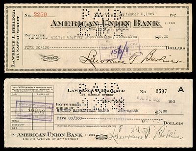 שני שיקים של American Union Bank, ניו יורק, 1927-1928. שני שיקים בנקאיים של American Union Bank 