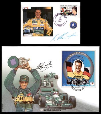 Lot of 2 commemorative covers of Formula 1 driver Michael Schumacher, 1992 to 1997, bearing 