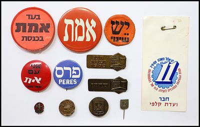 Group of 12 Israeli political pins and emblems, 1960s and 1970s. Units in lot: 12. Includes 