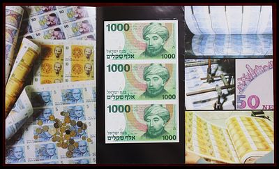 Folder of three uncut 1000 Sheqalim banknotes bearing the Maimonides (Rambam) portrait, 1983 
