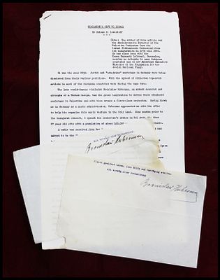 Four-page typewritten article in English, "Toscanini's Gift to Israel" by Shlomo B. Lewertoff 
