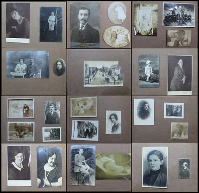 Antique family photograph album, early 1900s. Contains dozens of black-and-white and sepia 