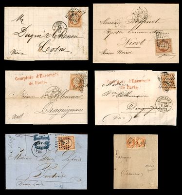 Lot of 6 folded letters (entires) from France, 1850s to 1860s, franked with imperforate 