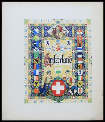Title page for an Arthur Szyk stamp album: illuminated "Switzerland" lithograph title page by 