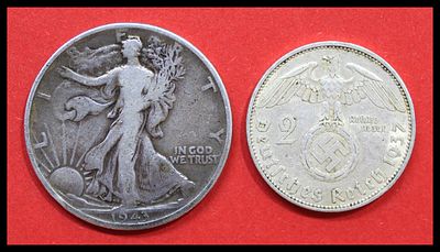 Lot of 2 silver coins, 1937-1943: (1) Walking Liberty Half Dollar, United States, 1943, silver 